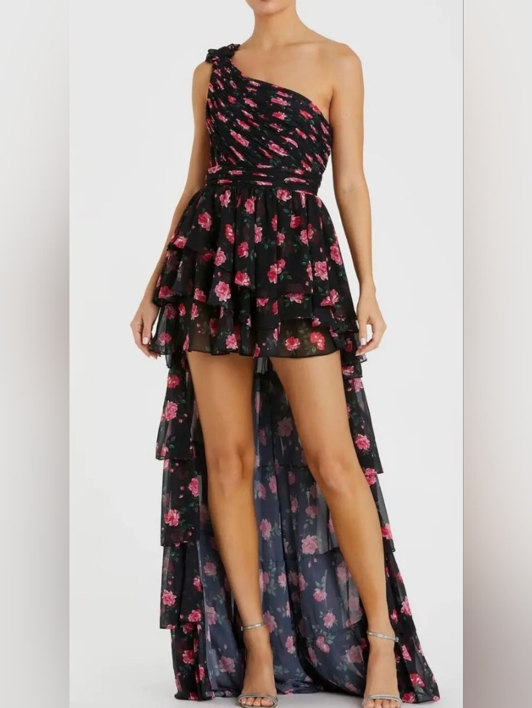 Mac Duggal Black One-Shoulder High-Low Floral Dress With Pink Roses